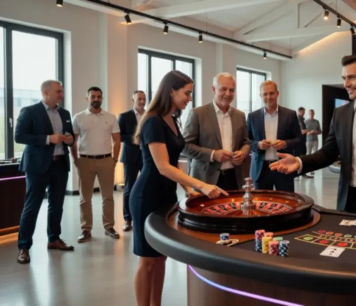 Goście bawiący się przy stanowiskach ruletki i blackjacka podczas eleganckiego eventu