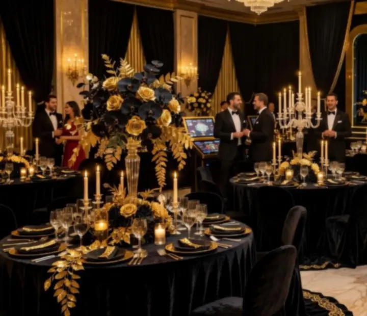 Tematyczna gala w stylu kasynowym z elegancką scenografią