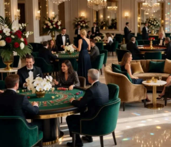 Kinowe ujęcie luksusowej sali balowej z eleganckimi stołami pokerowymi, ruletką i blackjackiem podczas eventu Wonderstar s. r. o.