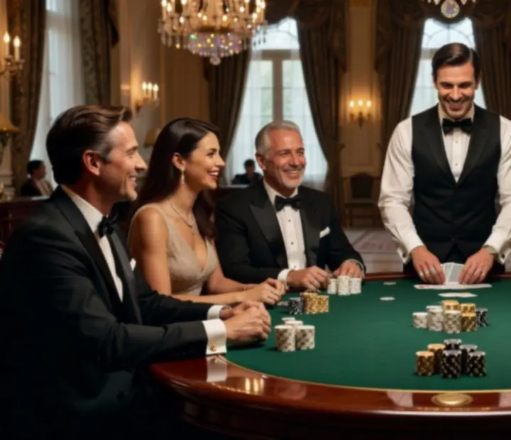 Ekskluzywny wieczór pokerowy przy eleganckim stole, prowadzony przez profesjonalnych krupierów